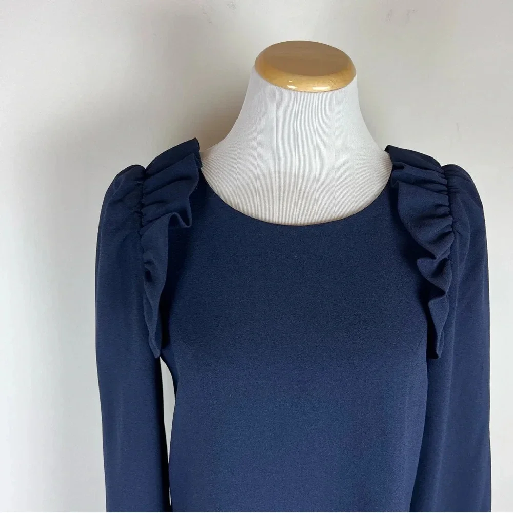 Eliza J Ruffle Shoulder Navy Blue Shift Dress Long Sleeve Size 8 - Picture 3 of 8